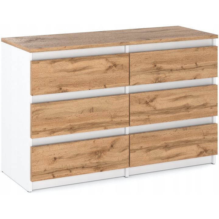 Comoda cu 6 sertare, alb mat si stejar wotan 100x33x71 cm, design modern pentru dormitor si living MRBLS_HOME