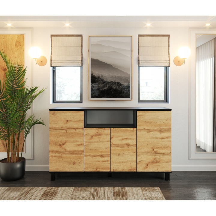 Stiv-Meble, Best 4, BEST4D_SZMWO, Komód, 140x80x35 cm, 4 Ajtók, 5 Polcok, Karcolás álló, Forgácslap, Wotan tölgy/Szürke