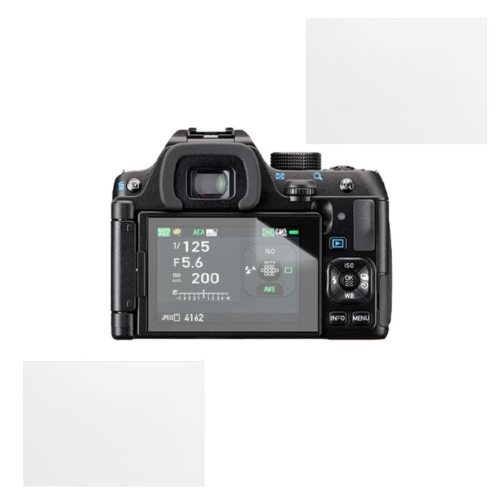 Защитен комплект, съвместим с PENTAX KF, COMANDO Focus Shield, 2 устойчиви силиконови фолиа за екрана, антирефлексно, против надраскване, регенерируеми свойства, защита против пръстови отпечатъци, лесно нанасяне, прозрачно сиво