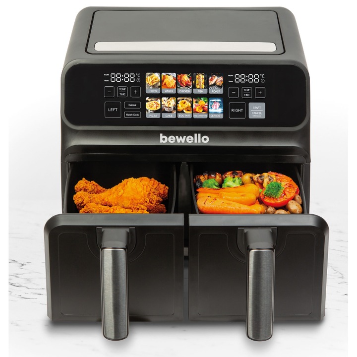 Bewello XXL първокласна фурна с горещ въздух, Air Fryer DOUBLE Digital, фритюрник с горещ въздух с двоен резервоар 8 литра капацитет 2200w bw1002D цифрово програмируем