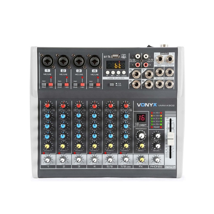 Vonyx VMM-K802 – 8 csatornás zenekari keverő, Bluetooth + Effekt + REC felvétel