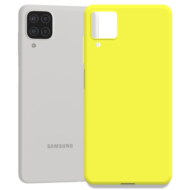 Husa pentru Samsung Galaxy A12 / M12, Color Shield, Interior de catifea, Suprafata aderenta, Protectie antisoc, Margini ridicate, Regular Fit, Silicon, Galben