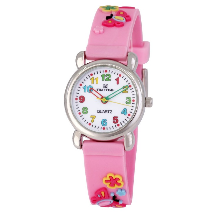 Ceas de mana Tiko Time pentru copii, cuart, curea fluture pe fundal roz cu figura 3D