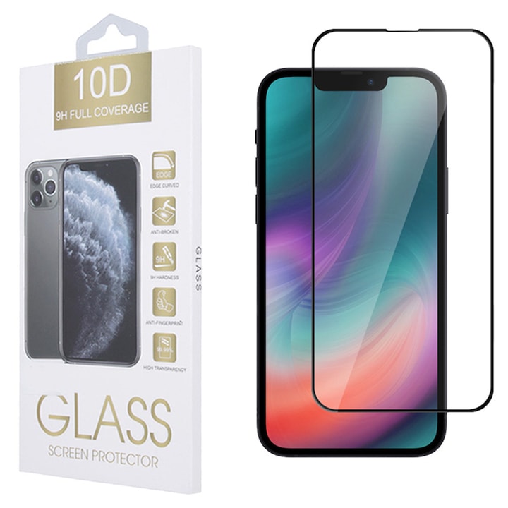 iPhone 13 / 13 Pro / 14 / 16e kompatibilis üvegfólia, előlapi, edzett, hajlított, fekete kerettel, Veason 6D Pro