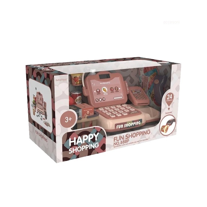 Играчка касов апарат, PROCART, скенер за продукти, микрофон, кошница за продукти, пари, 24 аксесоара, музикални ефекти, 25x16x15 cm