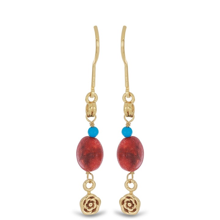 Arannyal Bevont Ezüst Fülbevaló Vörös Szivacs Korallal és Csipkerózsika Türkizzel
