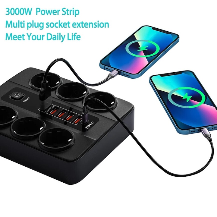 Разклонител Sumker, 6 контакта, 5 бр. USB, 1 бр. C конектор, 220V, 3000W, 10A, черен