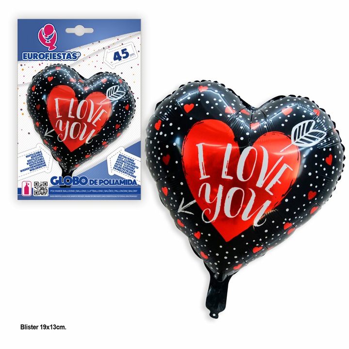 Balon din folie in forma de inima Eurofiestas Te iubesc sageata neagra
