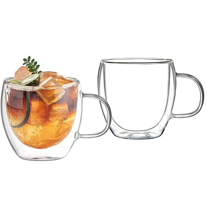Set 2 cani pentru ceai si cafea din sticla borosilicata, Aurov®, Pereti dubli, 245 ml, Transparenta