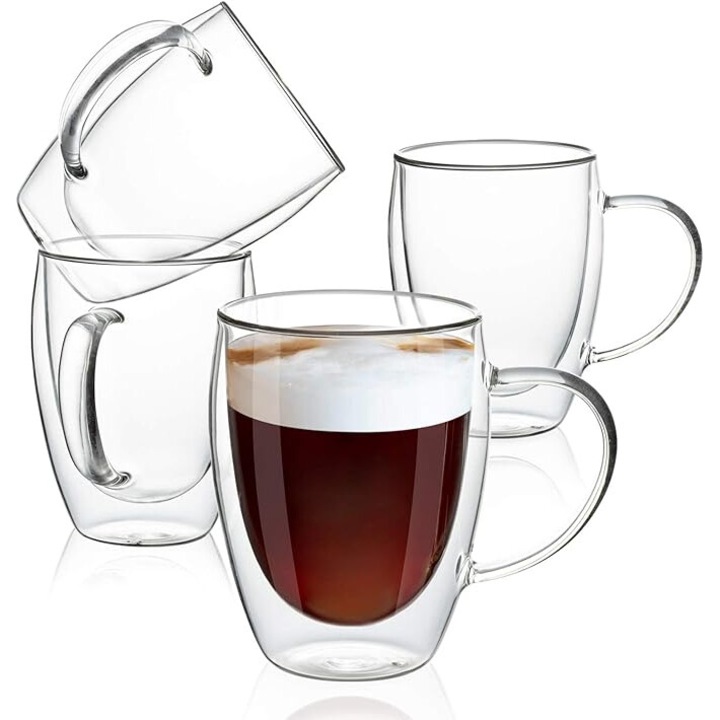 Set 4 cani pentru ceai si cafea din sticla borosilicata, Aurov®, Pereti dubli, 345 ml, Transparenta
