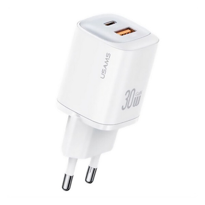 Usams cc254 hálózati töltő usb+type-c aljzat, 30w, gan, pd gyorstöltő, fehér