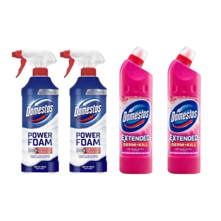Set Dezinfectare Toaleta Domestos Variety 4 x Componente, 2 x Spuma de Baie 435ml Briza Marii, 2 x Solutie WC Lichid 750ml Pink Fresh, rapid si eficient, testat dermatologic, prospetime de lunga durata, elimina mirosuri neplacute