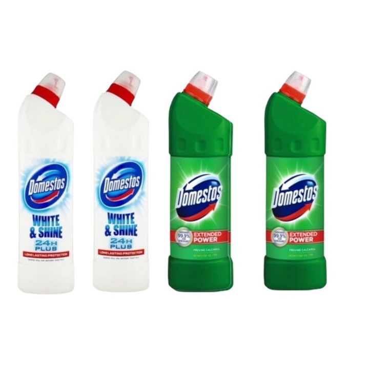 Set Dezinfectare Toaleta Domestos Variety 4 x Componente, 2 x Solutie WC Lichid 750ml White&Shine, 2 x Solutie WC Lichid 1L Pine Fresh, rapid si eficient, testat dermatologic, prospetime de lunga durata, elimina mirosuri neplacute