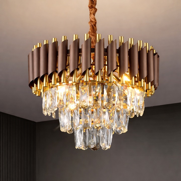 Candelabru Ø40 cm, cu cristale, maro bronz-auriu, 5 × E14, AVI-4377