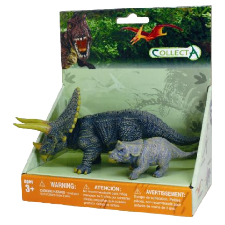 Set 2 Figurine Triceratops cu Pui, Pictate Manual, Jucarii Educationale