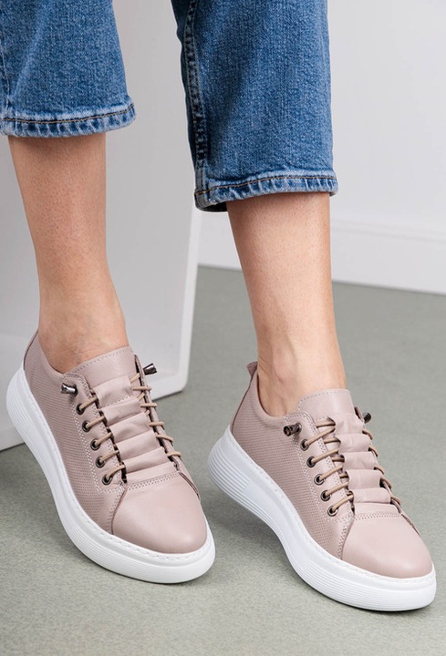 Pantofi cu siret elastic bej din piele naturala