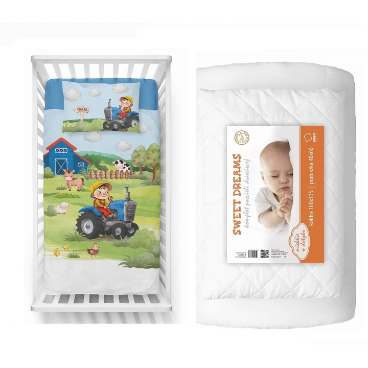 Set Lenjerie si Pilota pentru Copii, Faro, Bambus, Tractor Albastru, Ferma, 100x135cm