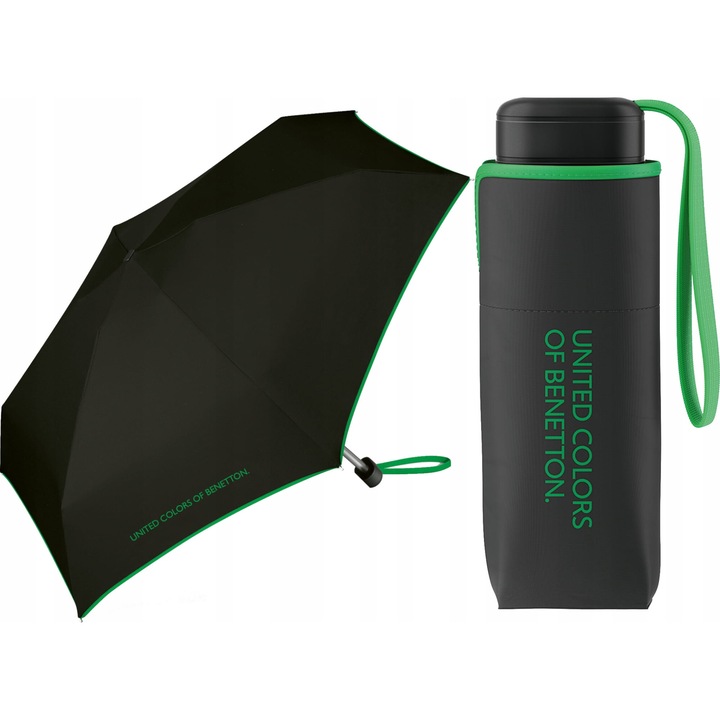 Umbrela pliabila Benetton Ultra Mini, rezistenta la vant, negru, 17x88cm