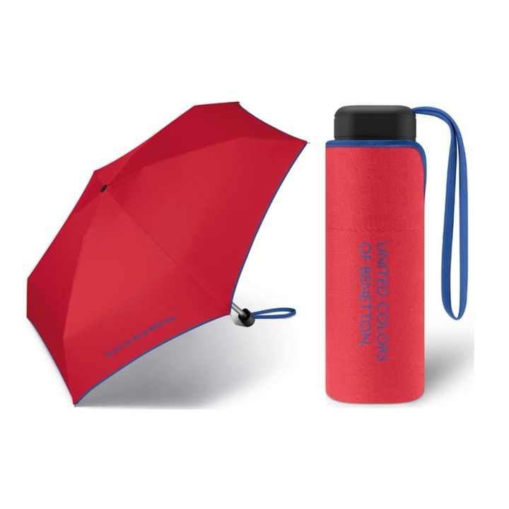 Umbrela pliabila Benetton Ultra Mini, poliester, rezistenta la vant, rosu, 17x88cm
