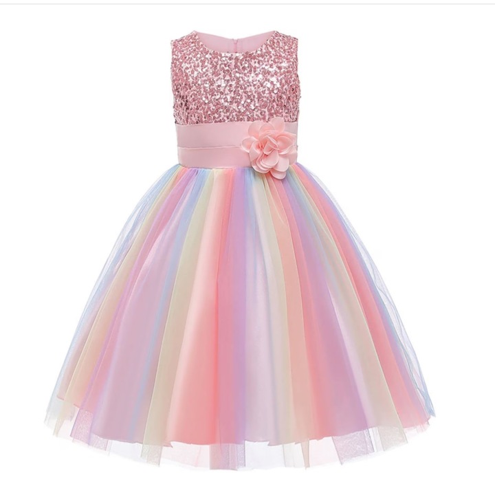 Rochita Curcubeu de Printesa pentru fete, Zi de zi, ANUTETOUNI®, Tesatura Fina, 9-10ani, 140 cm, Roz