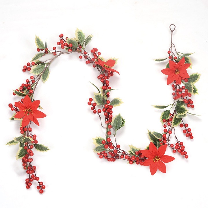 Коледен гирлянд, longziming, 195см, зелени листа, червени плодове