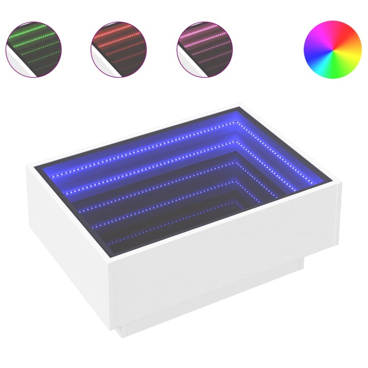 Маса за кафе с LED vidaXL, бяла, 70x50x30 см, инженерно дърво, 23.1 Kg