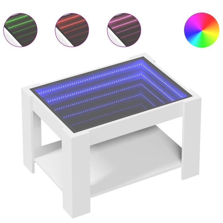 Masuta de cafea cu LED vidaXL, alb, 73x53x45 cm, lemn prelucrat, 22.8 kg