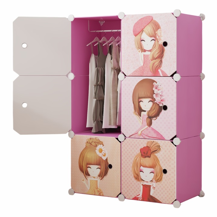 Dulap Modular, camera copii, 6 usi, Naimeed D6597, Roz, 110x75x37cm