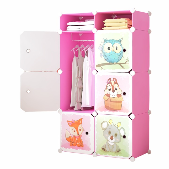 Модулен гардероб, Naimeed D6612, детска стая, 6 врати, розов, 129x75x37 см