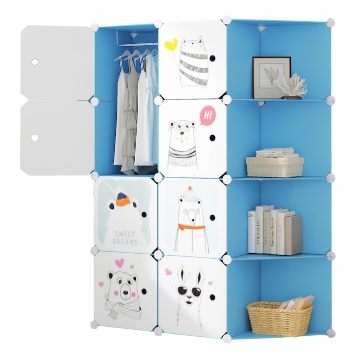 Модулен гардероб, детска стая, 8 врати, Naimeed D6604, син, 147x110x37 см