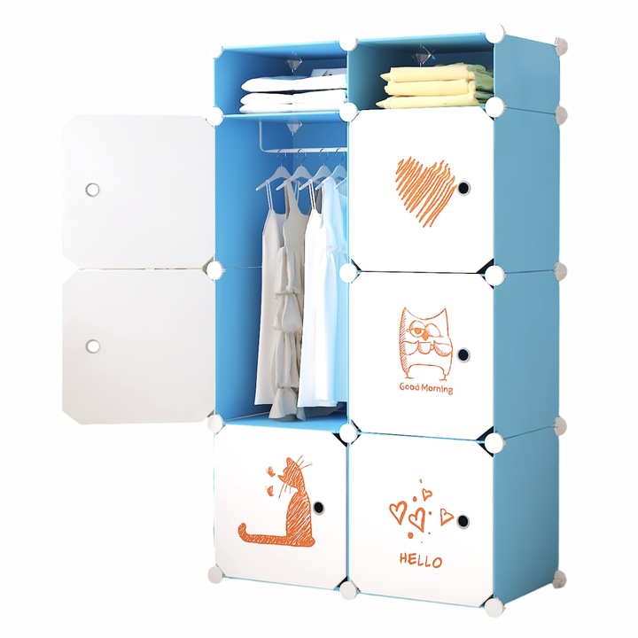 Модулен гардероб, детска стая, 6 врати, Naimeed D6614, син, 129x75x37 см
