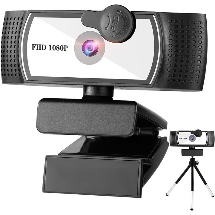Уеб камера XINLOSHU® 8802 1080p 30fps, автофокус, автоматична експозиция, микрофон за намаляване на шума, USB, статив, защитен капак, 120° зрителен ъгъл, черно/бяло