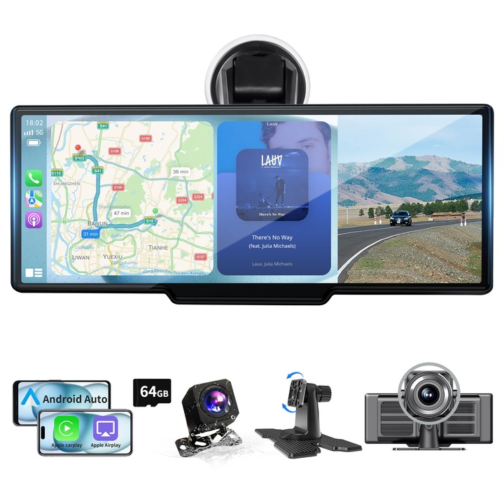 Стерео уредба за кола 10,26-инчова HD безжична за CarPlay Android Auto XIUWOO Преносим автомобил със сензорен екран Dash Cam 4K резервна камера 1080P Bluetooth AUX/FM Google Siri Mirror Link GPS навигация
