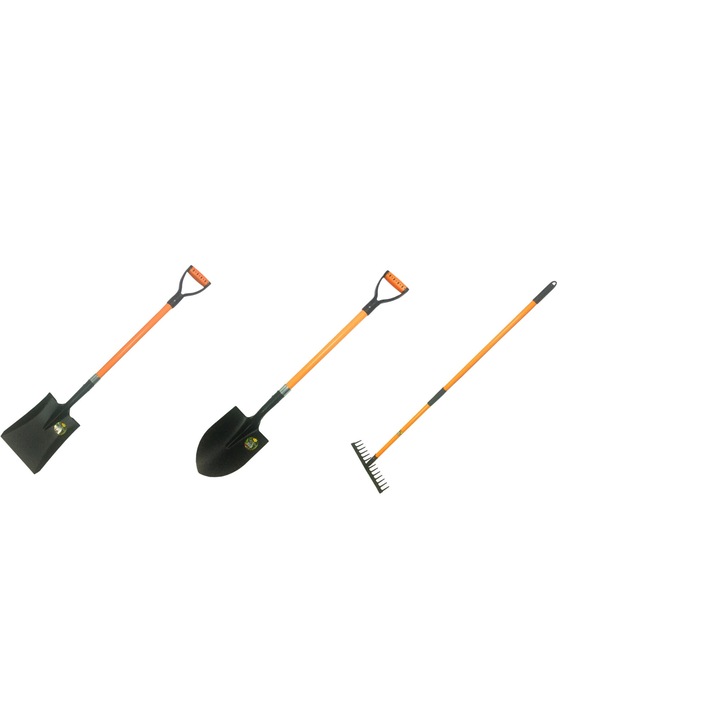 Set lopata, cazma, grebla cu coada din fibra de sticla