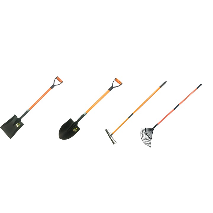 Set patru unelte lopata, cazma, grebla dreapta +grebla frunze coada din fibra de sticla