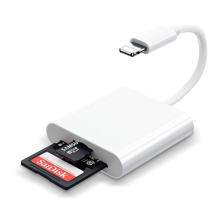 2 az 1-ben kártyaolvasó, Támogatja a kártyákat 1 TB-ig, Maximális átvitel 1000 Mbps, Micro SD/TF kompatibilis a Lightining-el iPhone 5 / 6 / 7 / 8 / X / XS / XR / SE / 11 / 12 / 13 / 14 / Mini / Plus készülékekhez / Pro / Max, OUYLAF, Fehér