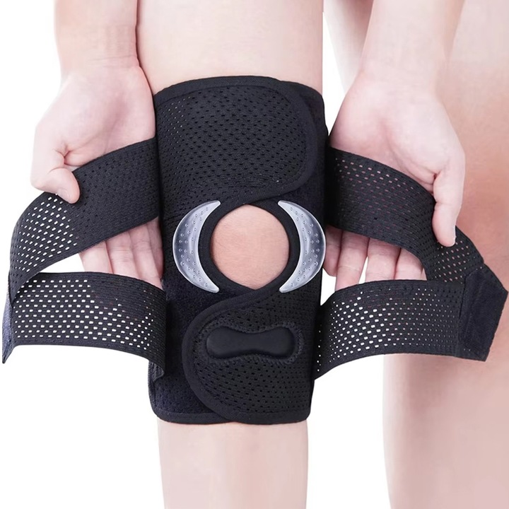 Genunchiera tehnico- medicala profesionala, cu stabilizatori laterali, cu perna pentru menisc si perna de gel pentru rotula, potrivita pentru rupturi de menisc, dureri de genunchi, recuperare dupa leziuni ACL si MCL, unisex, Negru, M