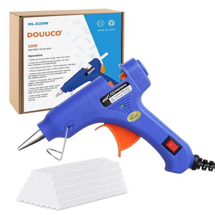 Pistol de lipit DOUUCO, incalzire rapida, rezistent la temperatura, albastru, 13.5x11cm, set 30 baghete silicon