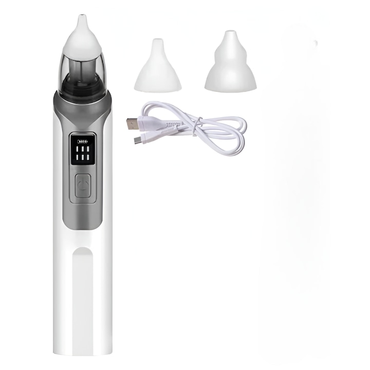 Aspirator Nazal Electric pentru Bebelusi, Copii, Portabil, Silentios, 6 Trepte de Putere, Incarcare USB, cu Acumulator, 2 Varfuri Silicon Medical, Alb, Bell™