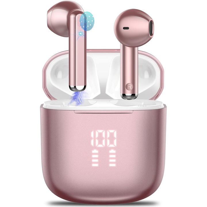 FOSMET® слушалки, Wireless, Bluetooth 5.3 Wireless Sports Audio Gaming Headphones, HiFi Stereo Bluetooth Headphones, ENC Noise Cancelling, Touch Control, LED Digital Display, 30H Play, Fast Charging, IP7 Waterproof, Rose Gold