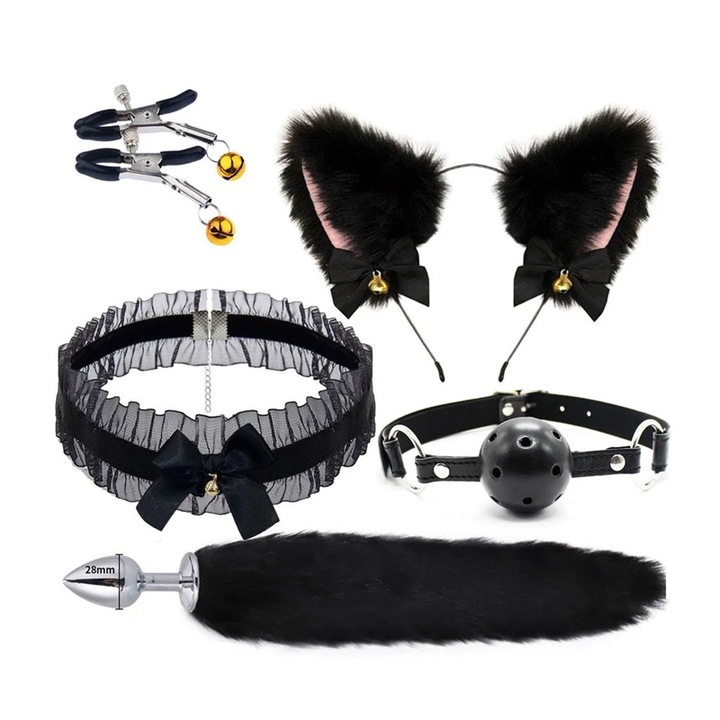 Бондидж комплект аксесоари, Анална тапа с лисича опашка, Диадема за глава с котешки уши, Черен, 4 части