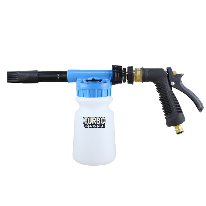 Пистолет за пяна за автомивка, пръскачка за пяна, оръдие за пяна за градински маркуч, 5 настройки за пръскане, меден конектор, бърз и издръжлив конектор, синьо, бяло стъкло