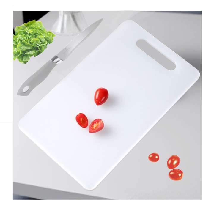 Tocator de bucatarie Astro premium, din plastic, dreptunghiular, fund de maruntit legume, fructe, paine, carne si altele, 33×20 cm, alb