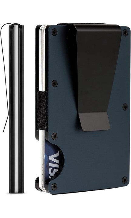 Portofel NeoHGS™, tip Portcard, Protectie RFID Anti-Furt, Unisex, Material Aluminiun, Suport 12 Carduri si Bancnote, 8.5x5.5x1 cm, Albastru