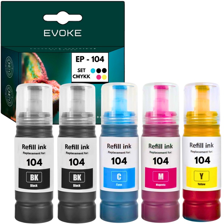 Комплект от 5 касети с мастило за принтер Epson 104 XL, 140 ml и 9680 страници черни, 70 ml и 8070 страници всеки цвят, T104, съвместими с ECOTANK ET-2710 ET-2715 ET-2720