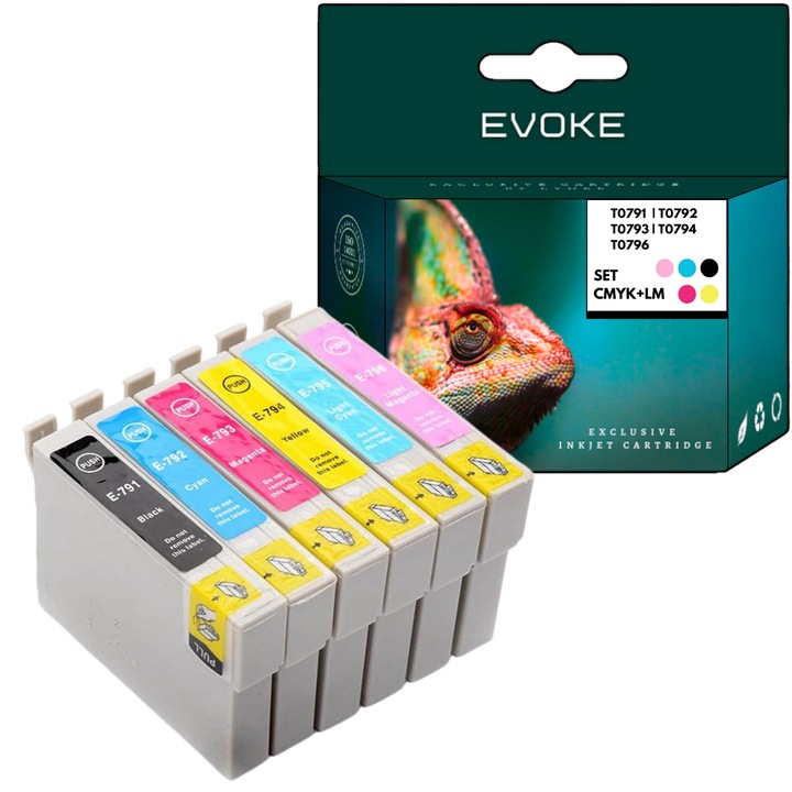Set 6 cartuse cerneala imprimanta pentru Epson 791 XL = T0791 + T0792 + T0793 + T0794 + T0795 + T0796, 18 ml si 760 pagini negru, 18 ml si 760 pagini fiecare culoare, compatibil cu PX650 PX660 PX700 PX710