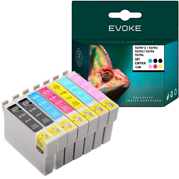 Set 7 cartuse cerneala imprimanta pentru Epson 791 XL = 2x T0791 + T0792 + T0793 + T0794 + T0795 + T0796, 2x 18 ml si 760 pagini negru, 18 ml si 760 pagini fiecare culoare, compatibil cu PX650 PX660 PX700