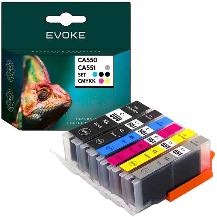 Комплект от 6 касети с мастило за принтер Canon PGI 550 + CL 551 XL, 23 ml и 640 страници черни, 12 ml и 760 страници всеки цвят, PGI550 CL551, съвместими с IP7250 MG5650 MG5550 IX6850 MX725 MX920