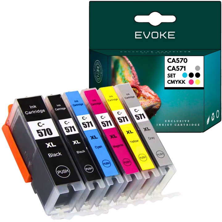 Комплект от 6 касети с мастило за принтер Canon PGI 570 + CL 571 XL, 22 ml и 490 страници черни, 12 ml и 760 страници всеки цвят, PGI570 CL571, съвместими с MG5750 MG6850 MG7750 XL