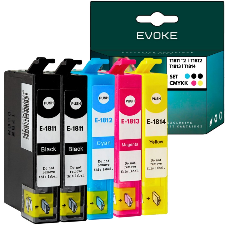 Set 5 cartuse cerneala imprimanta pentru Epson 2x T1811 + T1812 + T1813 + T1814 XL, 2x 15 ml si 610 pagini negru, 15 ml si 810 pagini fiecare culoare, compatibil cu XP205 XP212 XP215 XP305 XP312 XP405 XP3